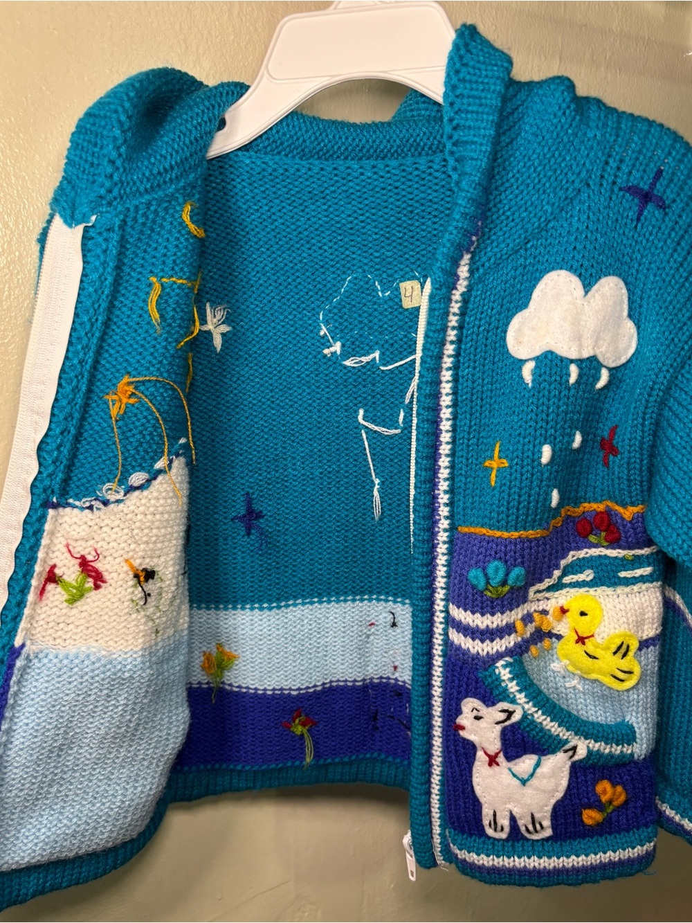 Handmade Peruvian Kids Knit Zip Jacket Arpillera Embroidered 4T Blue Folk Art - Picture 3 of 4